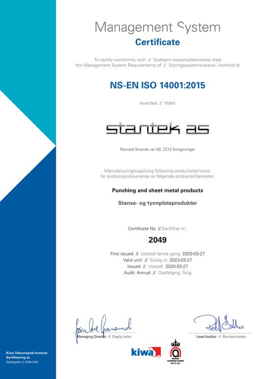 bildet viser sertifikat ISO 14001
